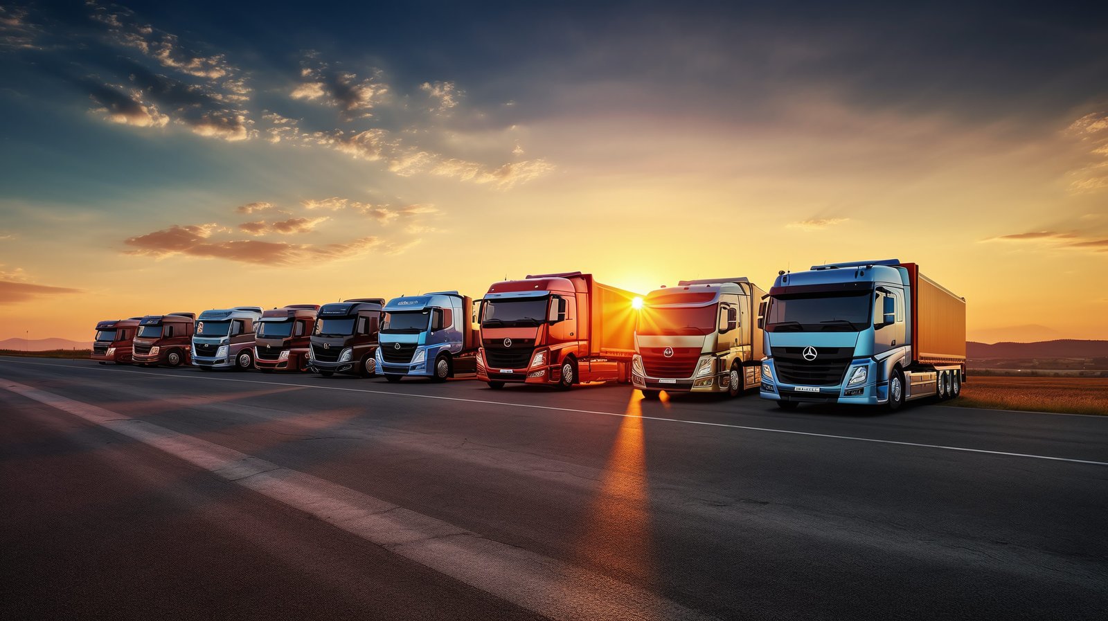 Frota de caminhões do Grupo Cia Trucks alinhada em uma estrada ao pôr do sol